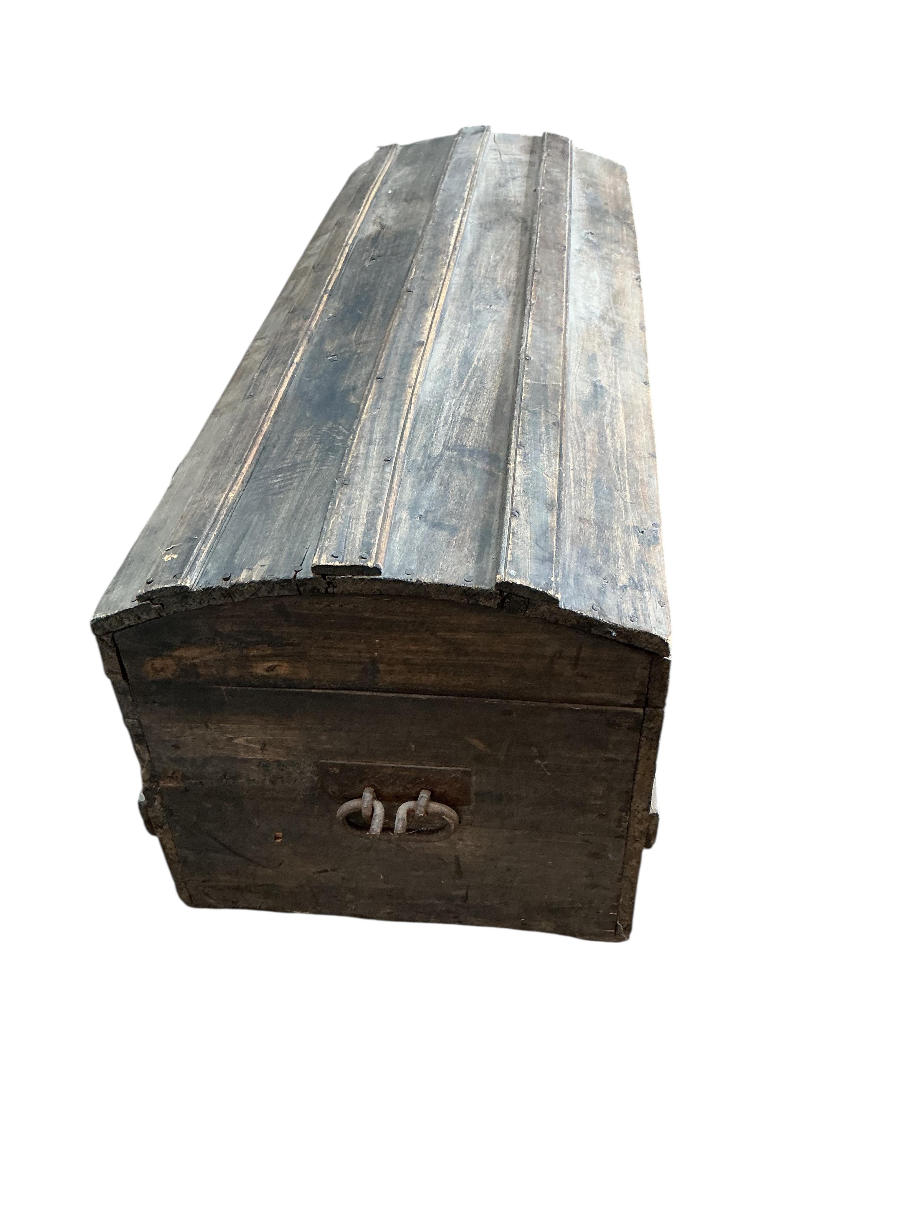 A stained pine domed top trunk, width 123cm, depth 46cm, height 47cm